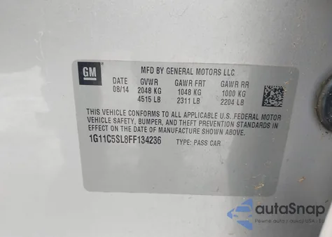 2015 Chevrolet Malibu 1Lt z USA, uszkodzony, nr VIN 1G11C5SL8FF134236